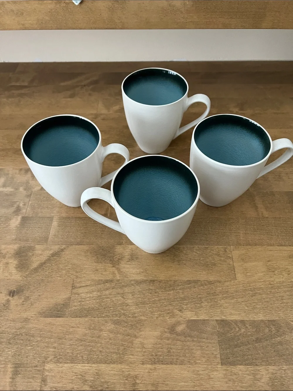 West Elm Ivory Ceramic Mugs with Deep Blue Crackle Fade Interior - Set/4